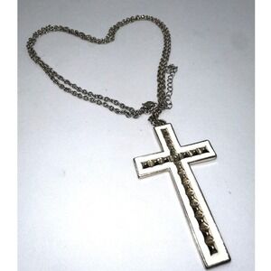 White Gold Tone Cross Pendant Necklace Studded Embellished Statement Jewelry